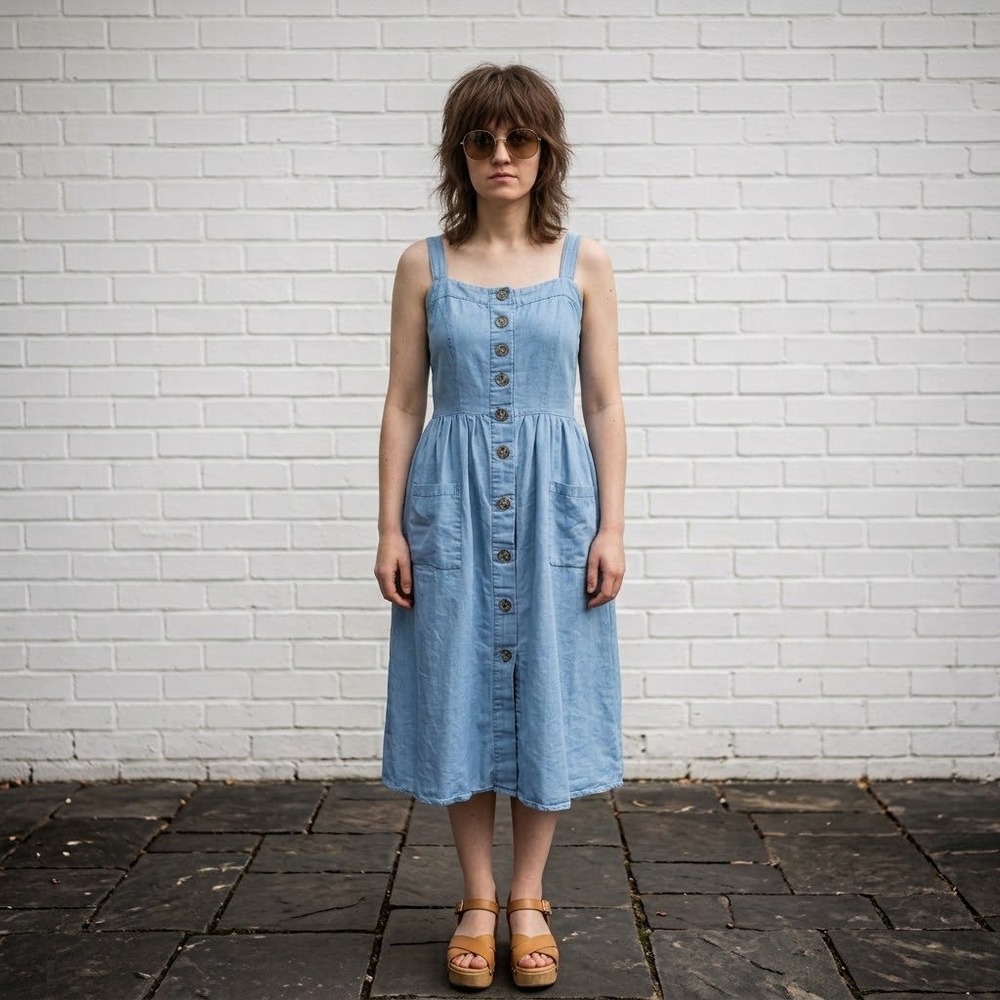 Rebellion Denim Dress Womens Medium Blue Smocked Pockets Midi Farmhouse Prairie